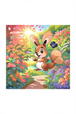 The friendly squirrel holds a blueberry excitingly in the air, the sunlight shining on the blueberry, colorful garden background , child book illustration style, faces must be the same as reference image