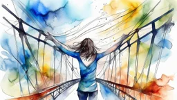 Una mujer extiende los brazos y su cuerpo se convierte en un puente colgante que vibra con el viento. Realizado en acuarela dramática con tonos fríos.