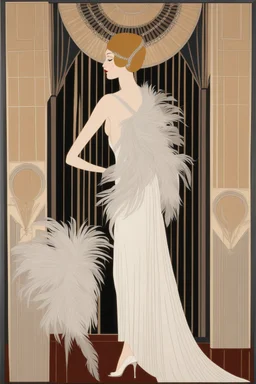 a woman with feathers in an Art Deco foyer by artist "Erte"