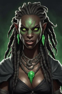 generate a dungeons and dragons character portrait of a female beast-human hybrid with black skin, dreadlocks, green piercing eyes, fangs and a thick nose. She is wearing black clothes and has tusks