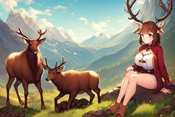 Girl, mountain, sit , deer hoof foot, brown hair, (2: big breasts), deer face