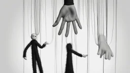 In the picture, a human hand is seen gripping the threads of a puppet. The hand is stark white, while the threads are dark black. The hand holds the threads firmly, suggesting control over the puppet. The puppet stands in the background, completely invisible. Only the black threads extending from the hand to the puppet are visible. This creates a sense of mystery and intrigue. The image is taken from a high angle, creating a dominant effect for the hand. This implies that the hand is powerful