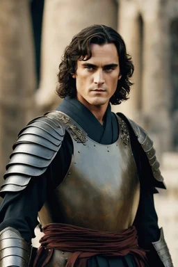 Joaquin Phoenix from year 2000, draped waves haircut, black hair, in medieval setting, in burnished medieval samurai armor