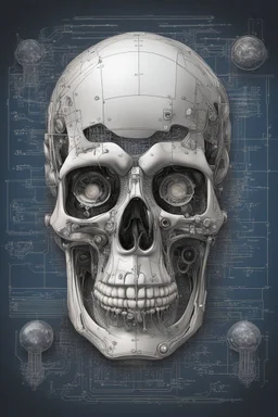 An Andy Warhol style illustration of a set of schematics for a cyborg skull, digital illustration, extreme detail, digital art, 4k, ultra hd, graphite pencil drawing, realistic, fine art, vray, 3d mandelbulber, octane 3d, digital painting, realistic and natural, cosmic sky, detailed full-color, hd photography, realistic surrealism, elements by dr. frankenstein detailed, gloss, hyperrealism, random neon wiring dayglo effects,and background color, industrial background, as a poster with more neon