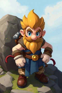 Male Fantasy RPG character, chaabi kawaii Mario proportions, clash of clans and lord of the rings inspiration, small Vandyke beard, with a ribbon of tickets held out in front, bounding out from behind a large rock, 3/4 view, isometric game