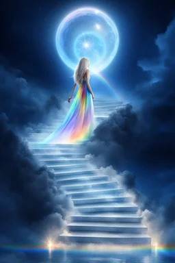 fantastic,Beautiful woman, stairway to heaven whit rainbow and ufos