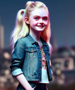 Elle fanning toddler, full body, city background, tatoo denim jacket, floral shirt, dramatic lighting