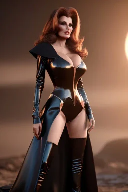 Raquel Welch as evil queen in black leather gown, angry, busty, curvey, cleavage, unreal 5, octane render, cinema4d, dynamic lighting, dramatic lighting, 4k, redshift render, highly detailed, hyper realistic