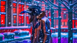 Capture a compelling image of a crow adorned in a punk leather jacket within a snowy Christmas atmosphere. Embrace a photography style that accentuates the unique fusion of the edgy leather jacket and the holiday charm. Ensure the composition highlights the crow's distinct presence against the backdrop of a winter Christmas ambiance, creating a visually captivating scene.