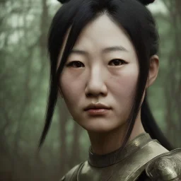 wonderfull japanese woman head portrait, warrior costume, village, meditation, woods, cyberpunk, 8k quality