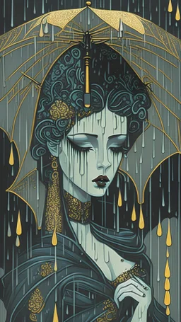 Painting in erte style of gothic woman in rain