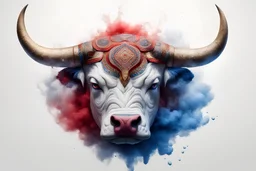 white aztec bull dissolving to red and blue smoke, fantasy, gold horns, rain and fire, white background, opened eyes, angry, portrait