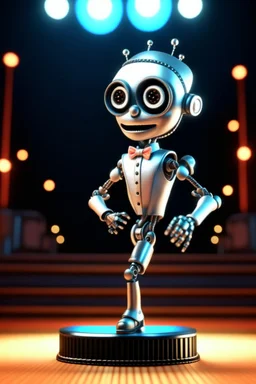 60s cute chrome punk baby slater chat robot with suit and tie and rollerskates,on podium at festival, its such a perfect day, motion blur, smoke, 8k, downlight, soft light, depth of field, photorealism, trending on art station, some detail