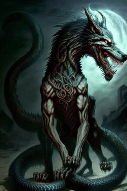 demon huge humanoid wolf with a snake instead of tail