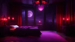 vampire luxury bedroom. Detailed. Rendered in Unity. Black and red lighting. Holograms. very dark bedroom, dim bedroom, purple light lantern, hang guns on the wall, red curtain. bit warm light, night, full red moon, lantern. amber light. purple night. table. jar on table. purple crystal.