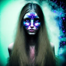 perfect long-haired woman, perfect eyes, full face tattoo of flower art and trees extending past face and morphing into galaxy, 8k resolution, high-quality, fine-detail, intricate, digital art, volumetric lighting