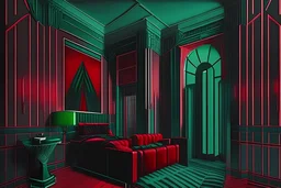 dark Emerald and red art deco inspired new york city vampire apartment in the 1980s