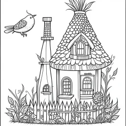 A fairy house with a birdhouse and a feeder, coloring page, exact shape, real image, minimal lines, white back ground color, real style, realistic, minimalistic, minimal black line art, line art, crisp line art, unique coloring sheet, outlined, outline, crisp, crisp line edges, illustration, thin lines, crisp clear lines, line art, clean line art, unique, 8k, no colors, no dark color, no black color, avoid thick black, minimalistic line edges, pure white back ground,