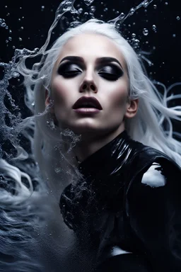 A beautiful Goth girl, dark black makeup, dark under eyes, white hair, action image of her braking water surface, freedom, dramatic, highly detailed, 8k, abstract