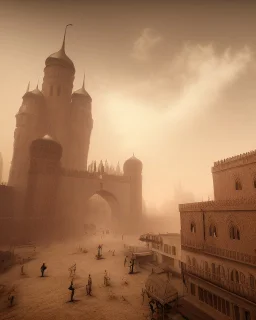 An old Arab city with a big gothic_arab gate in a sandstorm. Cinematic lighting