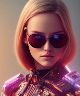 a young woman, BLONDE hair, green eyes, glasses, deep colors, cyberpunk, great pose, Realistic photography, incredibly detailed, ultra-high resolution, 8k, complex 3d render, cinema 4d, anatomically correct