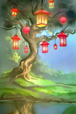 tree in a magical forest, aquarell, lanterns hanging on the tree