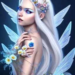 Fantasy fairy with transparent wings, smiling, make up, long platinum blond hair with crown and flowers, blue dress, flower background