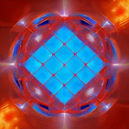 a blue metallic 4d cube inside a 4d red rotating cube in a four dimension environment