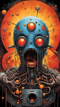sinister surreal horror Pac-man avatar with eyes clamped open like in Clockwork Orange forcing it to watch scary videos of Pac-man ghosts while being pumped full of nausea-inducing chemicals, horrible frowny expression, color ink illustration, horror, surreal, gritty by Chris Friel and Zdzislaw Beksinski