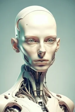 Portrait of a robotic woman, creamy colors, Albanian, no hair