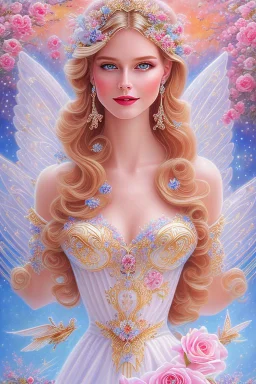 Magnifique woman, lady fairy, facing happy, voluptuous white, pink enchanted flowers, wings magic, long big dress, pink outerspace stars planets, Beautyful smiling, young woman, long hair amazing blue eyes, flowers, happy cosmic, bright colors, blue, pink, gold, jewels, realistic, photo real, clear sunny background, highly detailed, high contrast, 8k high definition, unreal engine 5, extremely sharp detail, light effect, sunny light background