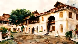 watercolor painting of Hill palace , thrippunithura, coconut trees, pen line sketch and watercolor painting ,Inspired by the works of Daniel F. Gerhartz, with a fine art aesthetic and a highly detailed, realistic style