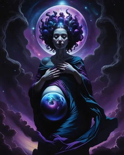 concept, dark void in abdomen, pregnant,cosmic theme, surrealism, detailed anatomy, shadows and highlights, eerie atmosphere, digital art, high resolution, deep space colors, black, purple, blue, glowing elements, dramatic lighting, imaginative interpretation.