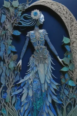 Artwork entitled "Two Moon Pond Goddess " depicts a partially skeletonized Pond Goddess wearing a gown made from detailed quilling consisting of feathers, foliage, fish scales, flowers, and gemstones appearing inside an archway of quilling growing around her and one of the moons; quilling