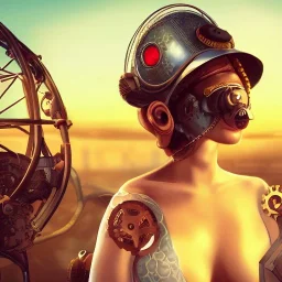 great illustrator, spanish, realistic rendering of a spanish cute girl kissing herself, beautiful, steampunk style. Helmet with tubes. Mouth with tubes. Machinery in the background. robotic bird flying. High details. 4k. unreal engine, sunset