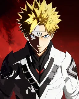 Detailed anime portrait of bakugo from my hero academia, gold hair and golden eyes, black suit, intricate details, full body portrait, keep head in frame, slight smile, black Japanese motif, concept art, highly detailed, digital painting, concept art, sharp focus, illustration, art by Yoji Shinkawa, WLOP and greg rutkowski and alphonse mucha and artgerm and yanjun Chen and Junji ito and Makoto Shinkai, HDR, octane render