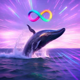 infinity symbol ∞ with vibrant powerful whale jumping out of the sea, striking, neon, chiaroscuro, dramatic, captivating, powerful, fantasy, beautiful, octane render, 16k post-production, artstation: award-winning: atmospheric: commanding: fantastical: clarity: ultra quality: striking: brilliance: stunning colors: amazing depth; lens: f/11, 35mm