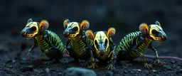 close up on glowing raven skeleton rat babies, raised by ninja necromancer in the wild