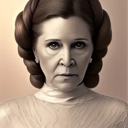 hyperspace background, complete and photo realistic detailed head to waist stunning photo realistic portrait of carrie fisher as Princess Leia in star wars with photo realistic minimal updo hair by Mandy Jurgens and mucha and Richard Schmid and chuck close and chie yoshii, extraordinary and detailed ceremony dress of star wars,brown eyes