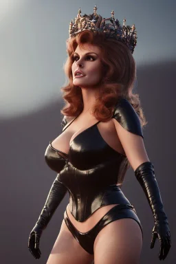 Raquel Welch as evil queen in black leather gown, angry, busty, curvey, cleavage, unreal 5, octane render,cinema4d, dynamic lighting, dramatic lighting, 4k, redshift render, highly detailed, hyper realistic