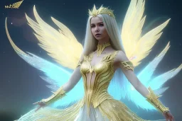  beautiful cosmic fairy, long hair, golden skin, nice smiling, transparent wings, magic glamour make up, delicate colors, beautiful glamour galactique dress, ultra sharp focus, 8k, unreal engine 5, extremely sharp detail, light effect, soft light atmosphere of a spaceship, smooth, full of details, face in front, complete vision of face and hair and body