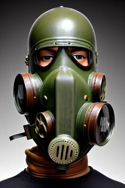 Steam-punk style gas-mask. Large fencing mask covers chin and cheeks. Hood. Reflective surface on face, full coverage, reflective. Head full of integrated old-fashioned cameras and phone. Army green surfaces body, latex. Perfect body, thick thighs and calves. Asa Akira's body. Wide hip, skirt bleats nicely. Partly symmetrical. Straitjacket. Rusty and decayed background. Steam-plunge air-bottles. Euclidean 3D-tiling walls. 5th dimensional surface structures. Oppressive atmosphe