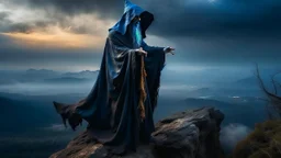 The hooded sorcerer on the mountain top