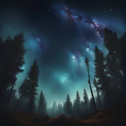 a forest in the night with the sky of galaxy