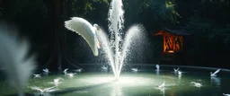 a fountain of feathers, radiant white feather light mirror bounce ancient angelic wooden treant by dark fountain,sonoluminessence