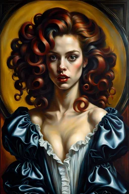 full body oil painting of a modern predatory vampire girl with highly detailed hair and facial features ,in the painting style of Gian Lorenzo Bernini, Annibale Carracci, and Johannes Vermeer, with a fine art aesthetic, highly detailed brushstrokes, realistic baroque style