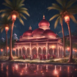 Hyper Realistic areal view of people outside beautiful maroon decorated mosque with garland lights & sky lanterns at rainy night with palm trees, grass patches & water fountains