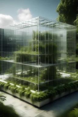 The rendering sketch of a medium-sized square-shaped glass structure that is full of plants and a place for meditation with the sound of simulating birds and rain gives the feeling of being in nature. This building is in a part of the city and a park area.