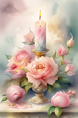 MAGIC A PYRAMID CANDLE IS BURNING AROUND WONDERFUL FLOWERS English watercolor, Smoky cream, pale gray, pale pink, pink background. bright light, a bouquet of roses on the table are pale pink, pale bordeaux, white, ochre. green stems, the light is translucent. Watercolor, fine ink drawing, peonies in an hourglass, elegant gold inlay, rich interior rose of the valley, leaves, nature, beautiful raindrops, beautiful fog, over a beautiful rainbow, fantasy, romantic dreamy mood, special attractions