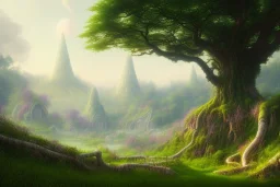 lush farmland outside a beautiful elven city made of white marble, anime, lush trees, a fantasy digital painting by greg rutkowski and james gurney, trending on artstation, highly detailed